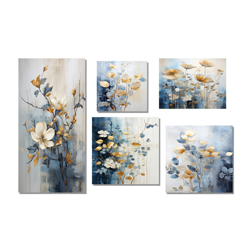 Ensemble de salon de jardin à motif de fleurs beige et bleu - 5 fleurs, Toile tendue
