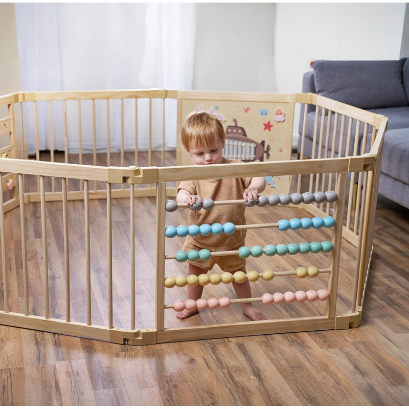 Parc pour bébé pliable en bois Zety, 63 po x 95 po, avec panneaux d'activités sous la mer, H 24 po x l 95 po x P 63 po