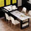 Îlot de cuisine extensible avec table à manger pour 4 à 6 personnes, comptoir en faux marbre noir, 2 tiroirs, prise électrique, base réglable 4-6, armoire imitation bois, étagères latérales, 1 port, prises secteur réglables