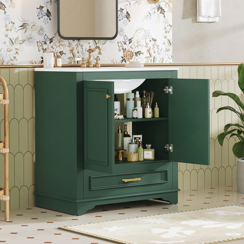 Meuble-lavabo de luxe 30 po avec lavabo en céramique, meuble-lavabo avec 2 grandes portes à fermeture douce, armoire de rangement en bois massif