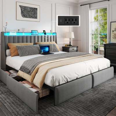 Queen Platform Bed Frame with Charging Station and 4 Sliding Drawers,Upholstered Bed with Headboard and LED Lights