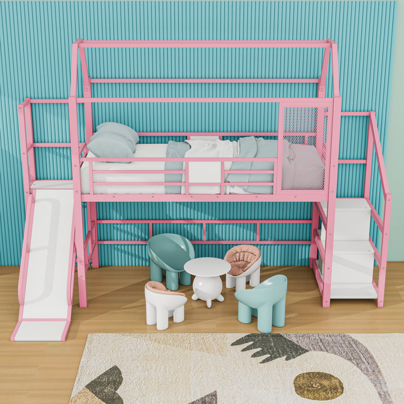Metal Loft Bed With Staircase And Slide, Twin, Pink