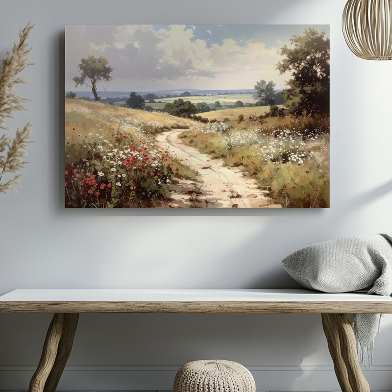 Toile, art mural, chemin de campagne à travers des fleurs sauvages, paysage ensoleillé romantique, certains chemins, prêt à accrocher