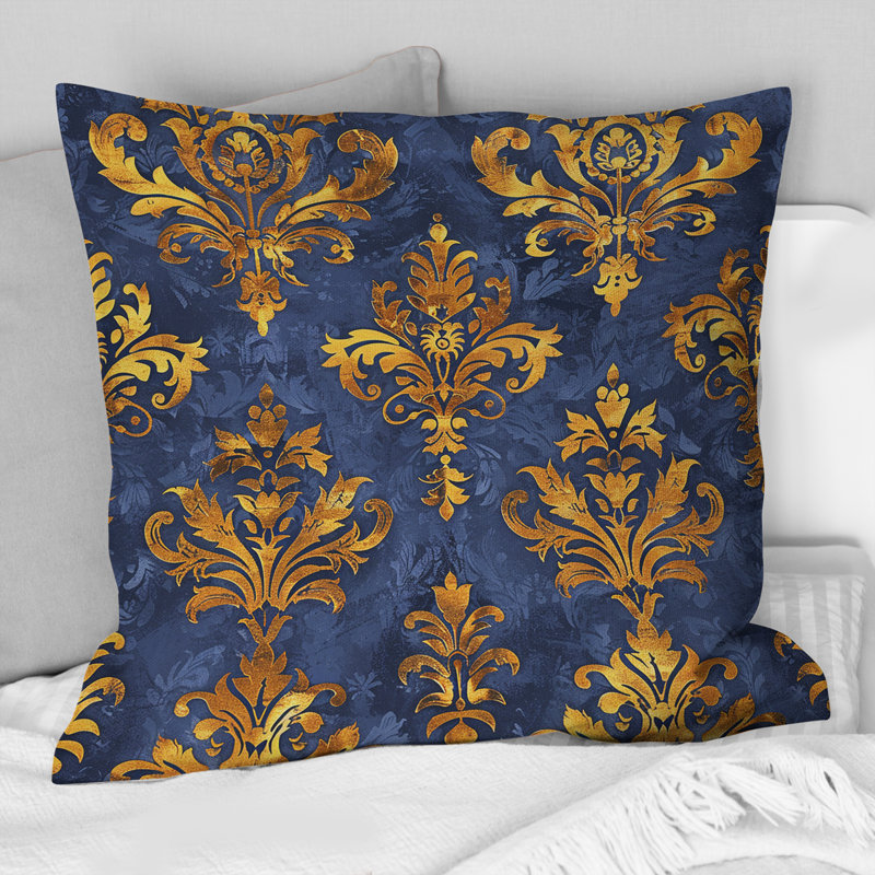 Coussin décoratif bleu et doré Royal Damaska Glamour I, H 18 po x l 18 po