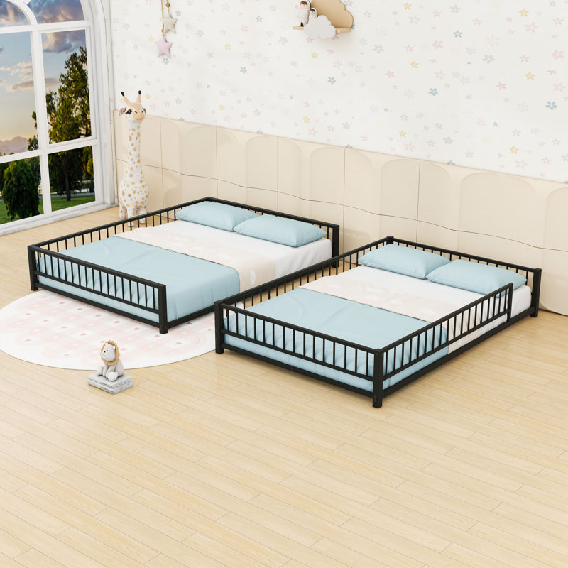 Metal Bunk Bed Frame With Guardrails, Black, Full XL Over Queen