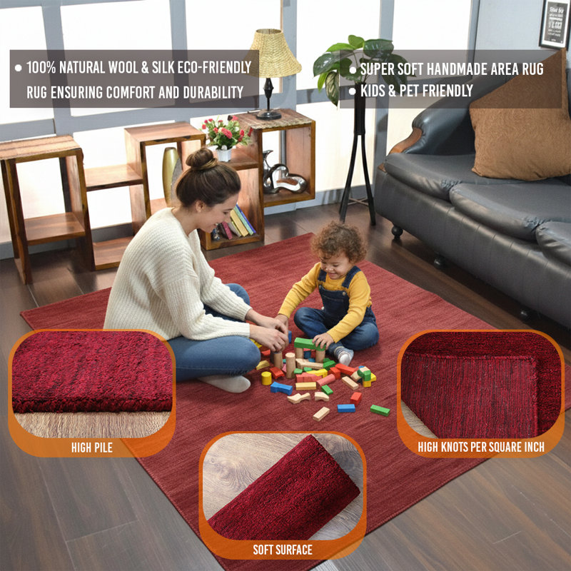 Hand Knotted Loom Wool Eco-Friendly Area Rugs -Rectangle, Dark Red Color, Plain Solid Design, High Pile Thick Handmade Anti Skid Area Rugs for Living Room, Bed Room