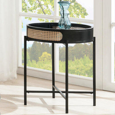 Table de bout ouverte à plateau rond noir avec pieds en métal, fonction d'insertion et de rangement pour le café, 22 po de largeur, 24 po de hauteur, 17 lb de plateau de table, compartiment, adapté ou 22 x 22 x 24 po,