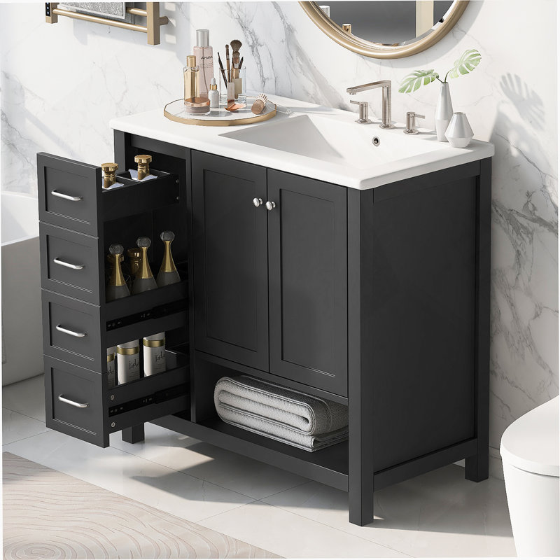 Meuble-lavabo avec comptoir d'évier, meuble-lavabo avec tablette ouverte, deux portes et deux tiroirs