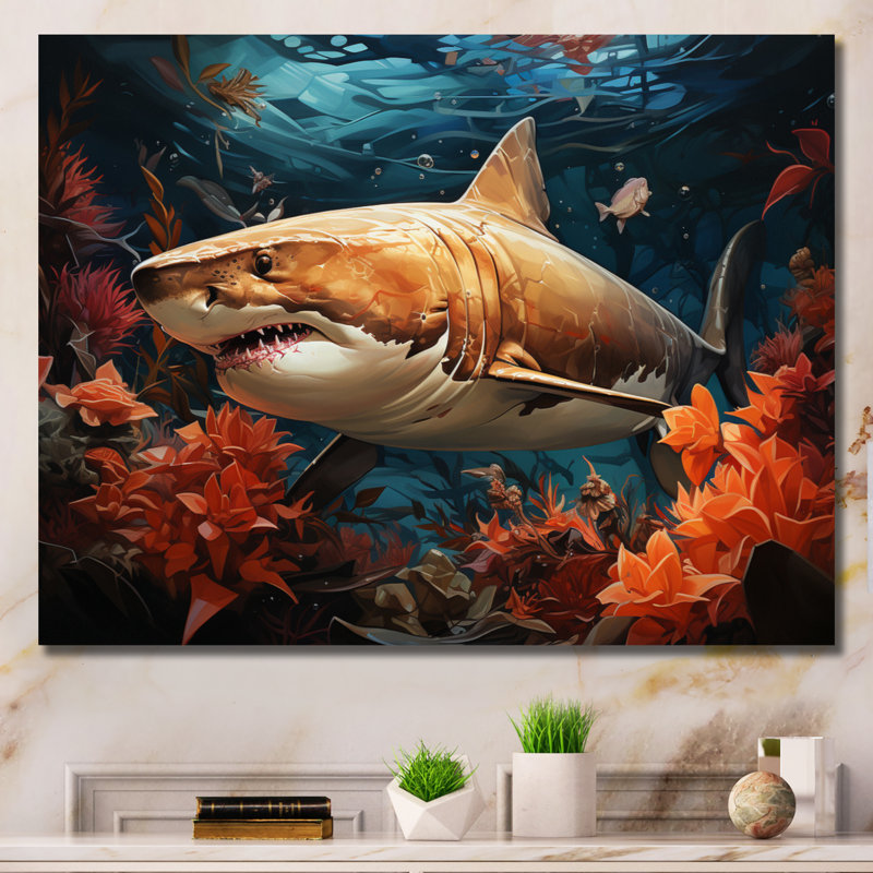 " Grey Orange Shark Underwater Symphony ", 34" H x 44" W, Wrapped Canvas