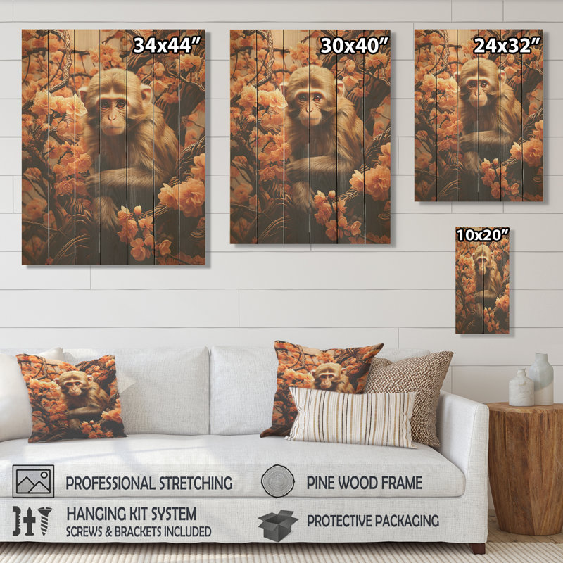 Palette de singe d'automne brun - impression de singe sur bois, H 32 po x l 24 po
