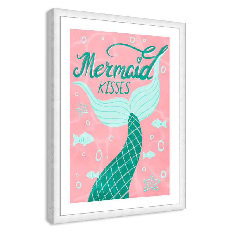 Mermaid Kisses 1, impression sur papier, H 34,5 po x l 24,5 po x P 0,6 po, Encadré plat à grain de bois blanc