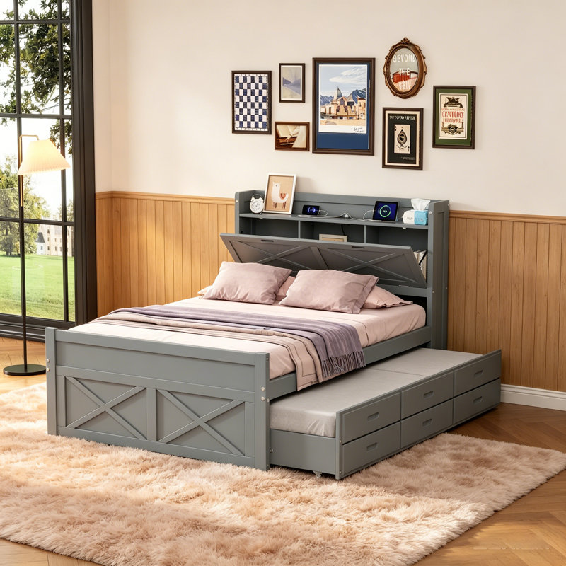 Lit double en bois avec tête de lit et prises de rangement, gigogne simple extensible avec trois tiroirs, gris