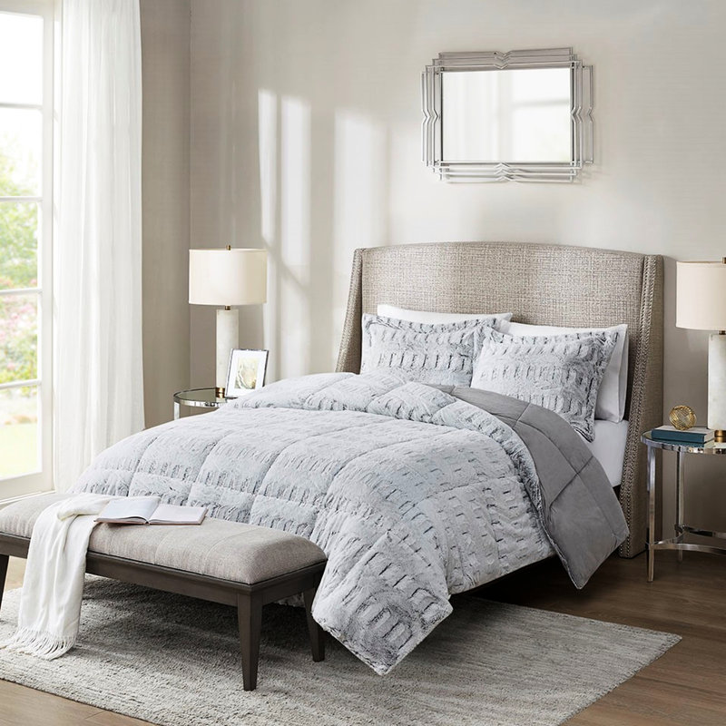 Édredon gris à fourrure longue - très grand / très grand luxe, Édredon très grand + 2 taies décoratives, Gris