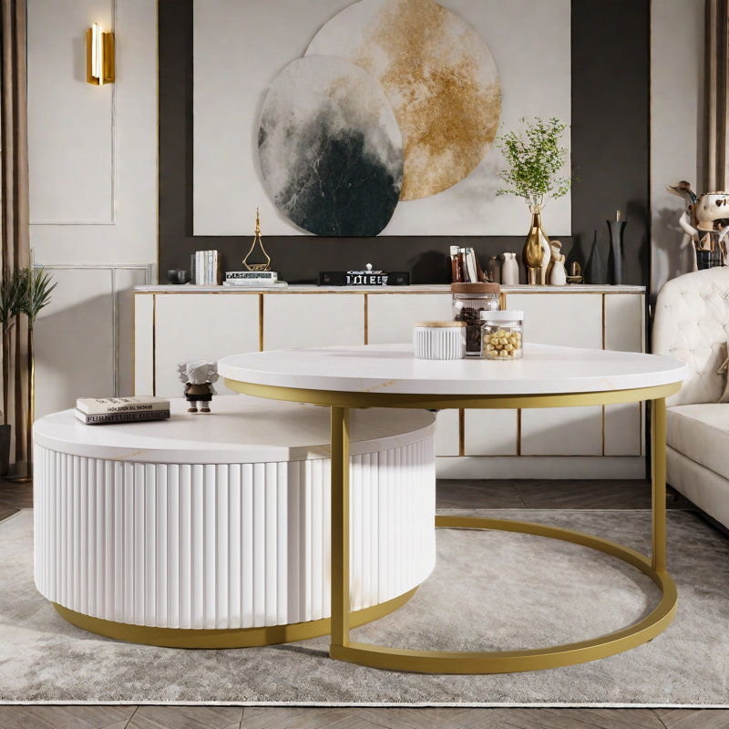 Table basse ronde emboîtable cannelée avec tiroir en or de 27,6 po seulement La table, sans chaises., Blanc