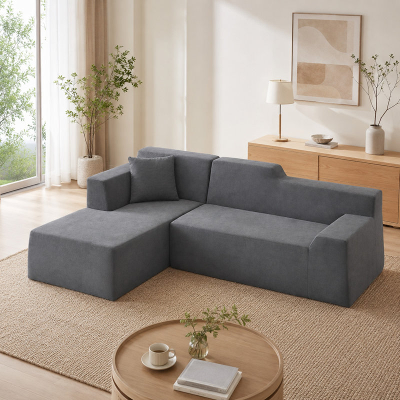 Canapé d'angle modulaire en velours côtelé en forme de L avec dossier haut, Polyester gris, Face à la gauche