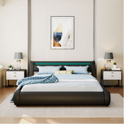 Upholstered Faux Leather Platform Bed With A Hydraulic Storage System With LED Light Headboard Bed Frame With Slatted Queen Size -  Ivy Bronx, EADEB4081F9C4779ACAC6FE498853CAC