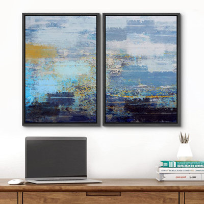 «Grunge Abstract Paint Effect Pastel Watercolor Blue Stroke Landscape», reproduction d'art sur toile 2 pièces