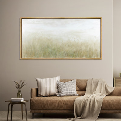 Neutral Grassland Landscape Framed Canvas - Soft Field Scene in Light Tones