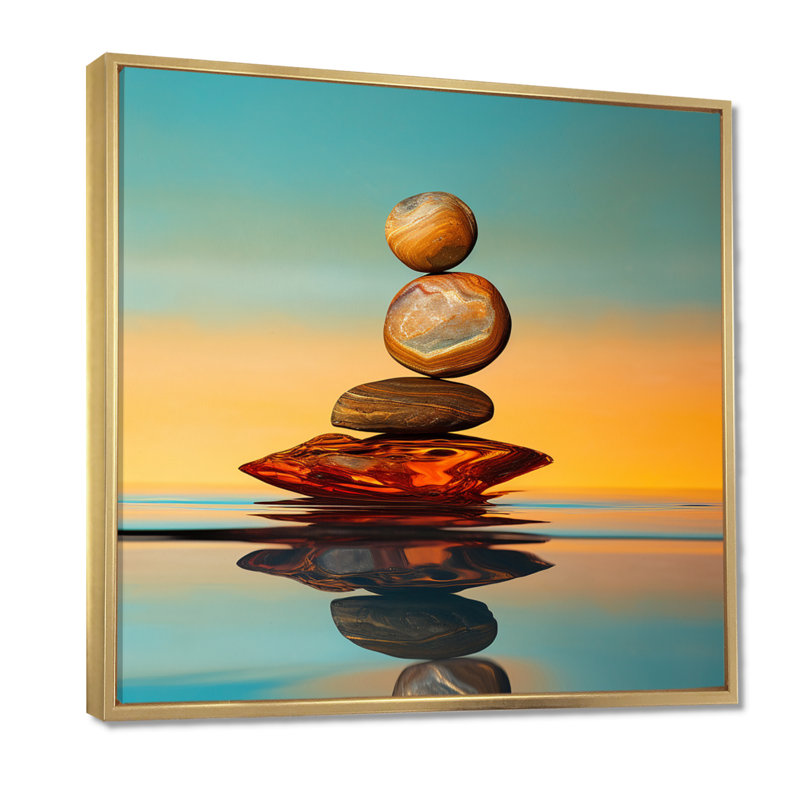 Zen pierres turquoise ciel coucher de soleil lueur - méditation salon d'art mural, Toile dorée avec cadre flottant