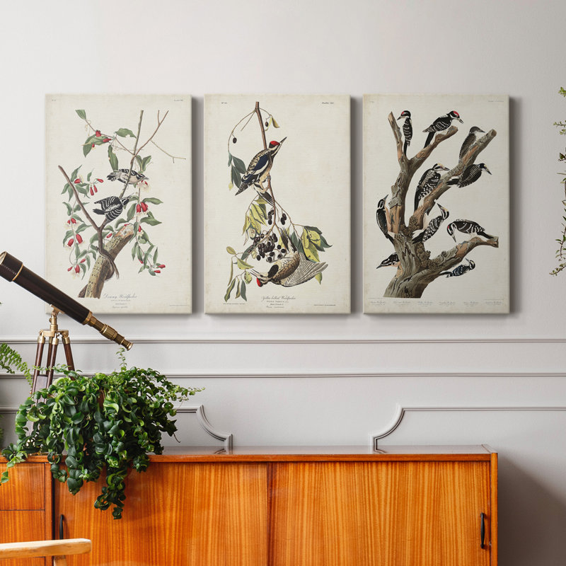 Pl. «112 Downy Woodpecker», ensemble de 3 peintures sur toile tendue, H 12 po x l 24 po x P 1 po