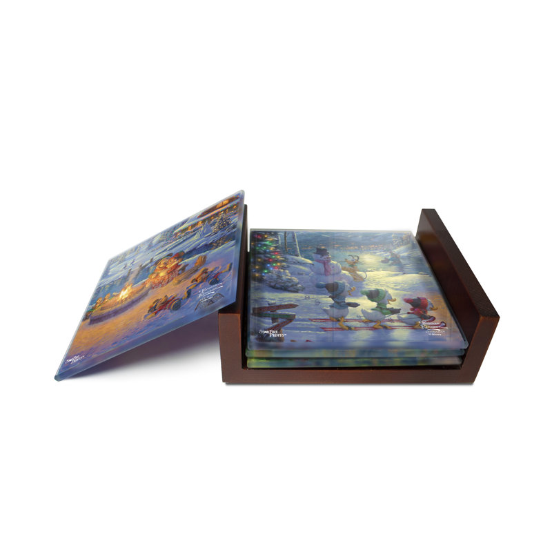 (Symboles) Ensemble de sous-verres en verre Starfire, Thomas Kinkade / Mickey et Minnie Lodge de Noël