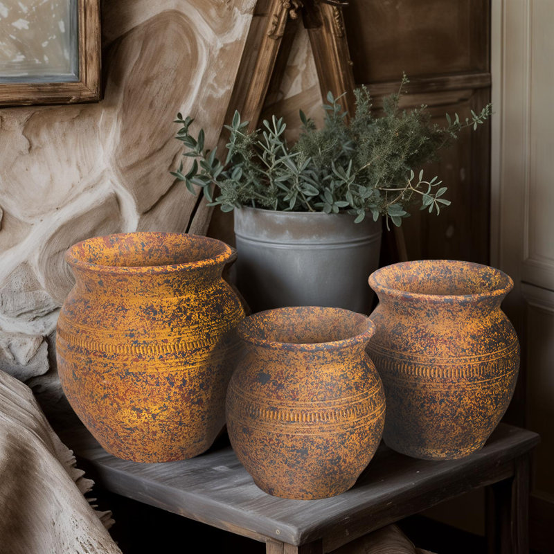 Set Of 3 Rustic Decorative Pots