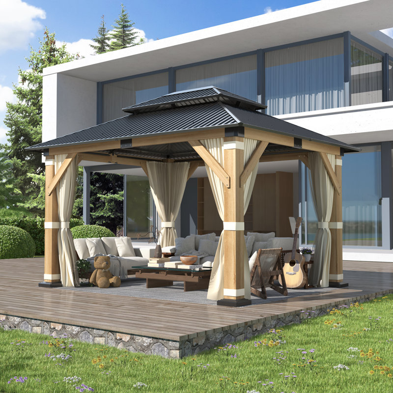 Outdoor Cedar Wood Patio Hardtop Gazebo with Curtain and Nettings, 12 Ft. W x 10 Ft. D