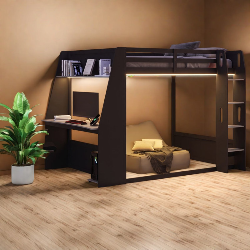 Lit mezzanine avec rangement Gaming, bureau moderne en bois aggloméré pour la maison