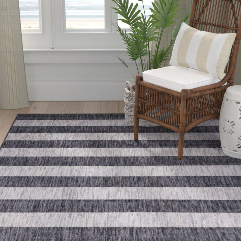 Hay Bale Striped Charcoal Gray/Gray Indoor / Outdoor Area Rug, Square 12'