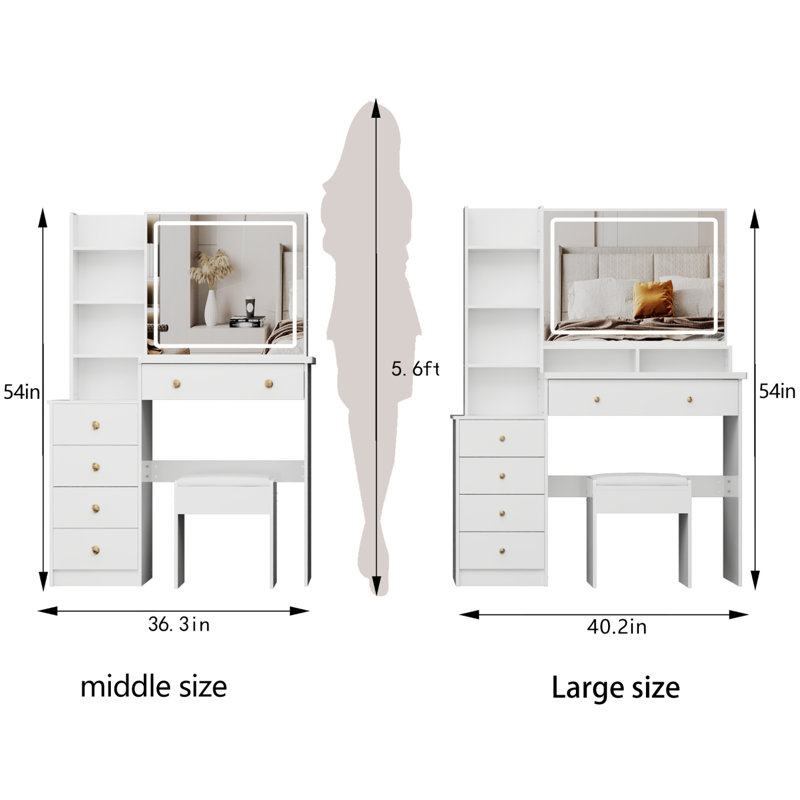 41" Vanity Table With LED Mirror And Storage For Large Space, White