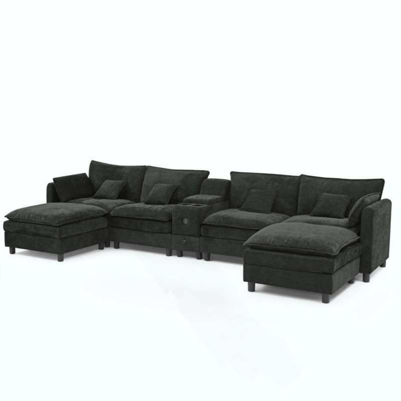 Canapé modulaire modulaire en L avec méridienne réversible, port USB, tiroir de rangement, console avec porte-gobelet rabattable, poches pour accoudoirs et coussins amovibles