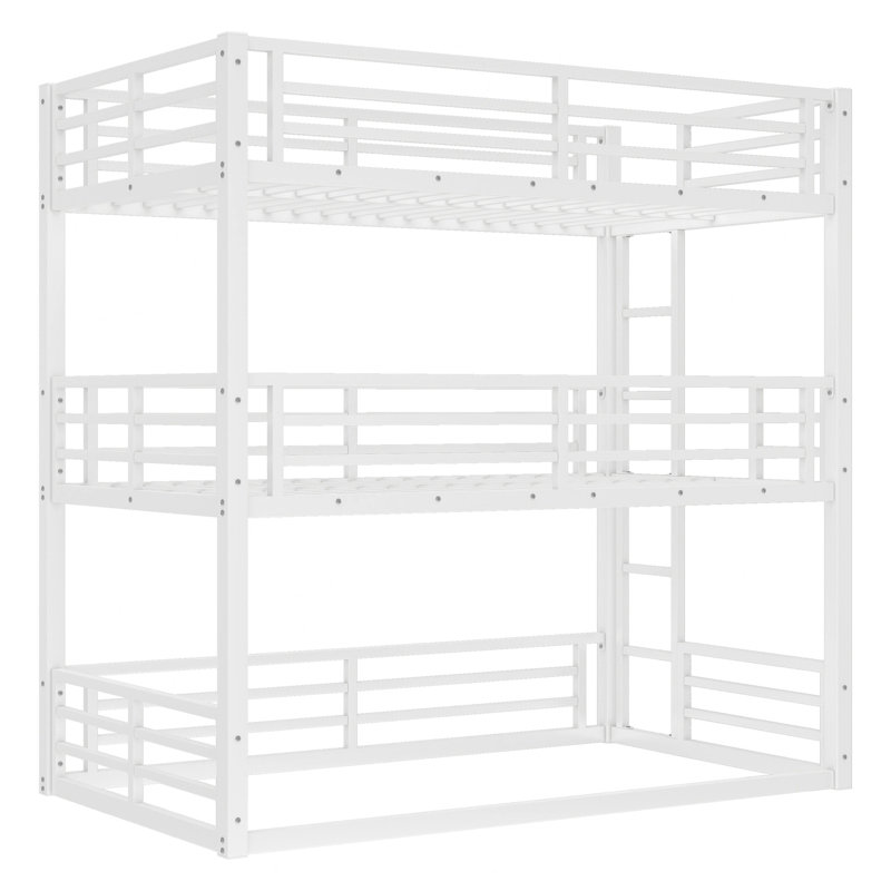 Lit superposé simple au-dessus d'un lit simple au-dessus d'un lit simple, lit superposé triple en métal avec garde-corps de sécurité, lit superposé robuste avec conception à réduction de bruit, blanc