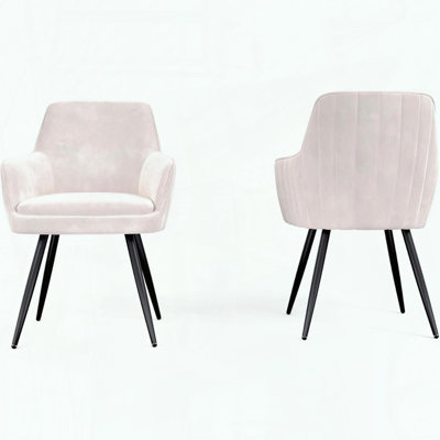 Set of 2 Modern Mid-Century Accent Chairs – Beige – Channel-Tufted Back – Black Metal Legs