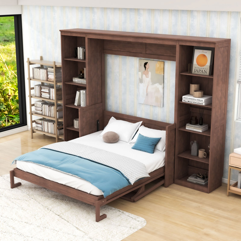 Lit escamotable en bois avec bureau intégré et tablettes, Grand lit
