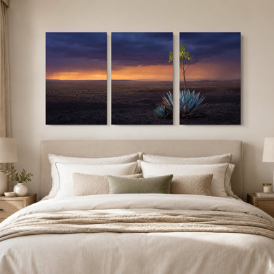 Agave bleue avec grande tige florale sous des nuages sombres, ensemble de 3 toiles