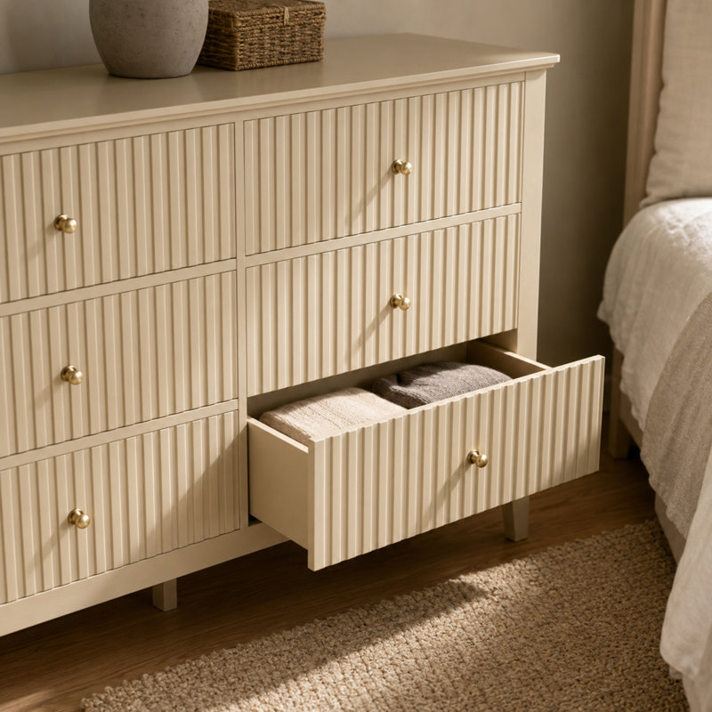 Commode 6 tiroirs 47,2 "avec façades cannelées, Beige