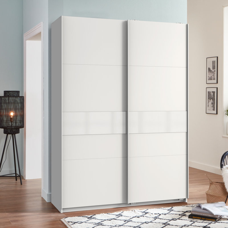 Chaska 2 Door Manufactured Wood Wardrobe, 198cm H x 135cm W x 64cm D, White/Glass White, Premium Plus