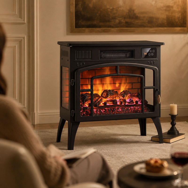 Smart Electric Fireplace Stove with 5-Colour Flame, Black