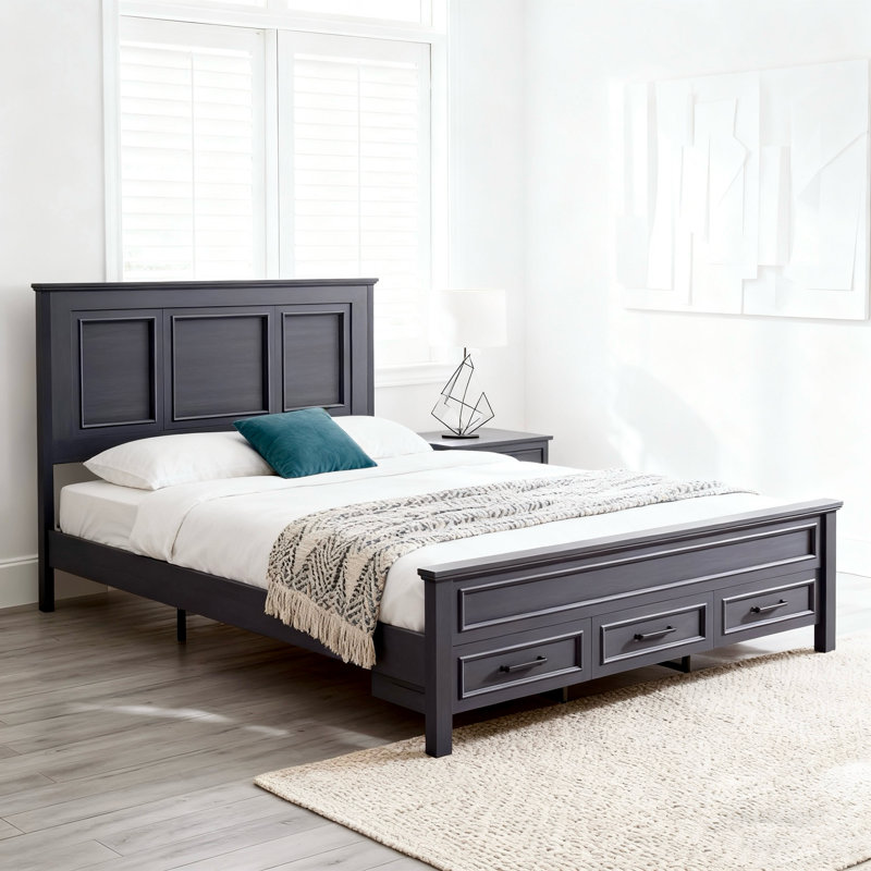 Farmhouse Platform Bedframe, Wood Bed Frame With 52" Tall Headboard, Black, Queen