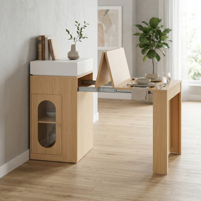 Ensemble de salle à manger multifonctionnel pour la cuisine, table extensible, bar pliant, îlot sur roulettes, buffet blanc beige