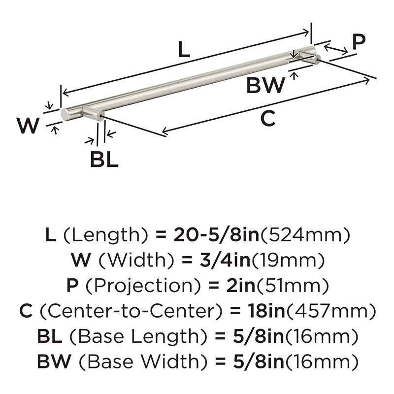 Poignées de barre centre à centre, 18", Nickel satiné, 1