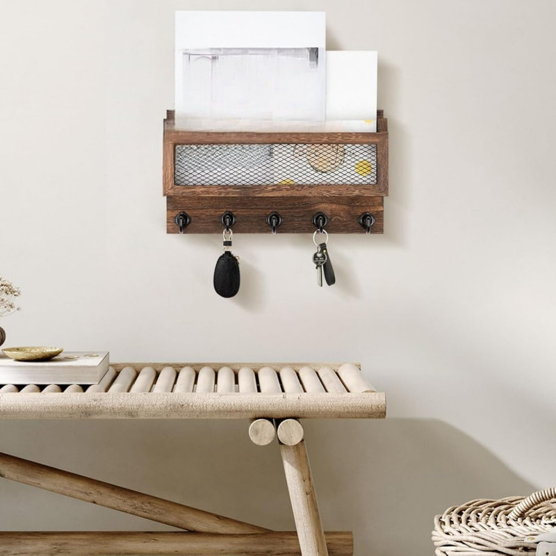 Wall Mount Storage Shelf, Wooden Wall Key Organizer with 5 Key Hooks Brown for Entryway
