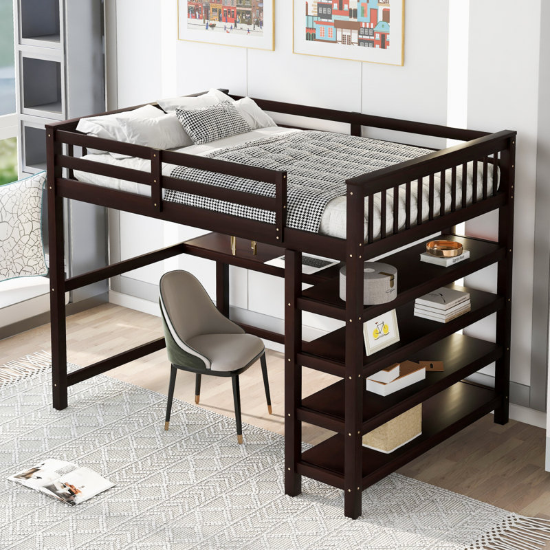 Lit mezzanine avec tablettes de rangement et bureau sous le lit, Simple, Espresso