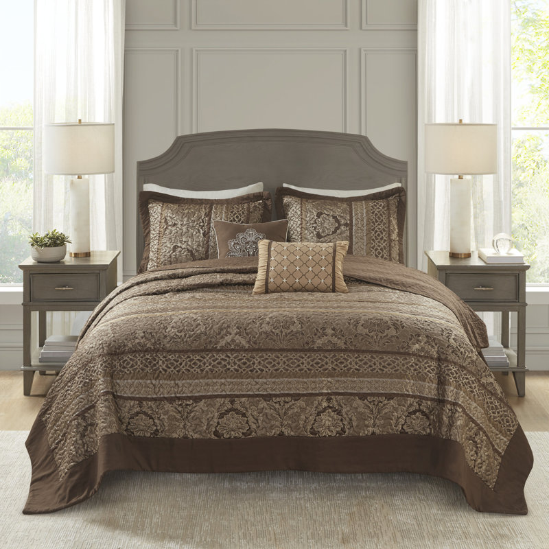 Bellagio 5 Piece Reversible Jacquared Coverlet Set, King Coverlet + 4 Additional Pieces, Brown