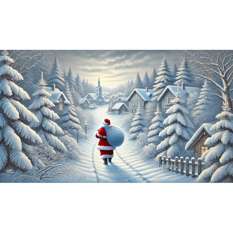 «Santa's Village Stroll: Serene Snowfall on Christmas Eve», art sur toile, H 20 po x l 35 po