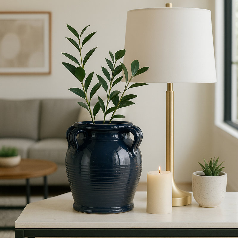 Ceramic/Porcelain Table Vase, 9" H x 8" W x 8" D, Glossy Blue