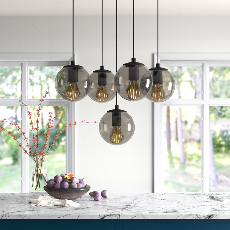 Lustre industriel moderne, couleur noir et fumée, hauteur réglable | Corps en métal avec capuchon en verre | 5 x douilles E27 de 40 W maximum | Design scandinave élégant pour l'éclairage de la maison et du bureau