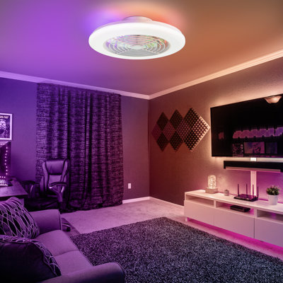 19In White Low Profile Ceiling Fan With Light, Flush Mount Ceiling Fan Light With Remote, Rgb Dimmable Led Enclosed Ceiling Fans, Led-Rgb Light For Bedroom Kids Room Party,Living Room