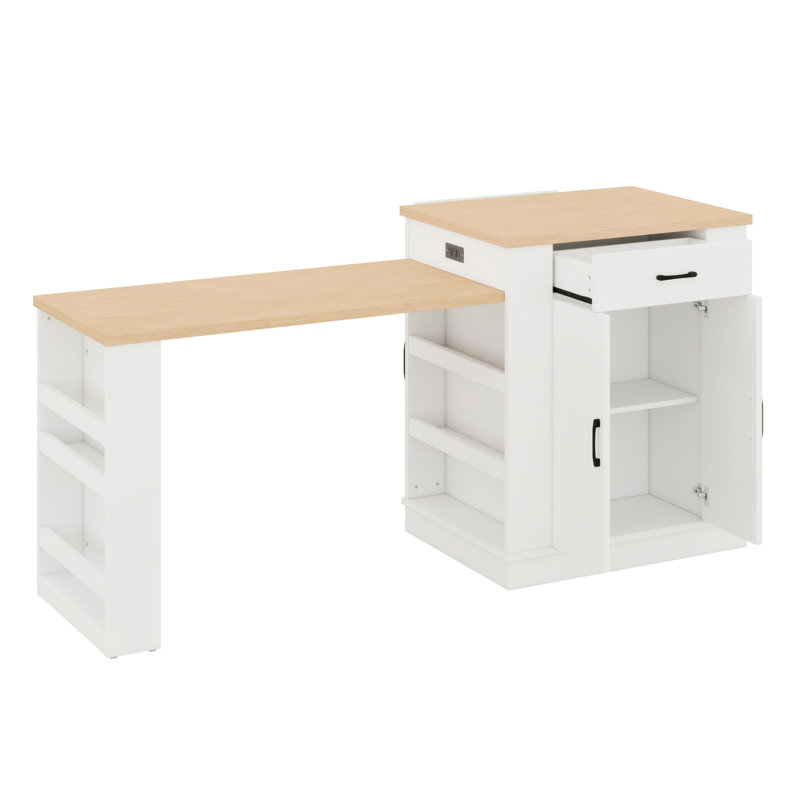 Extendable Island Console With Drawers, Cabinet, Shelving And Multi-Function Table