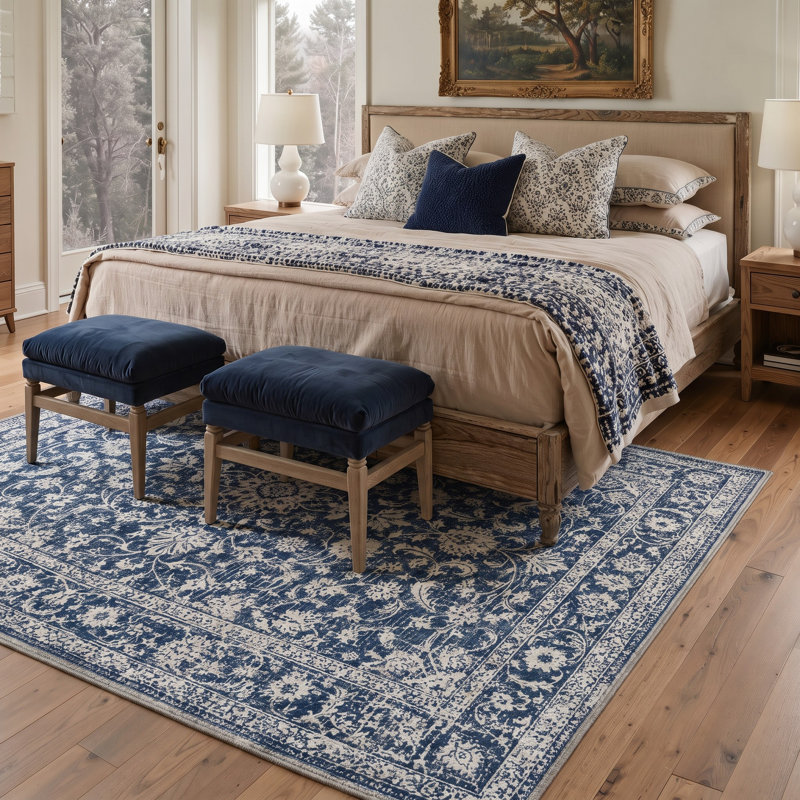 Tapis oriental bleu marine / ivoire lavable à la machine avec envers antidérapant, Rectangle 5 pi x 7 pi